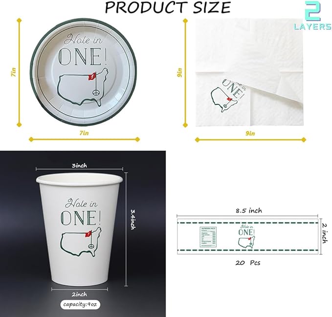 Hole in One Golf Party Decorations, 240-Piece Set with Cocktail Napkins, Plates, Cups, Bottle Labels, Toothpick Flags, Straws, Gift Tags, and Forks for Golf Birthday and 1st Hole in One Parties