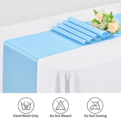12 Pack Light Blue Satin Table Runner,12 x 108 inch Long Premium Smooth Table Runner for Wedding, Banquets, Birthday, Party, Graduation, Engagements,Table Runners fit Rectangle and Round Table