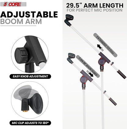 5 Core Tripod Mic Stand Floor Adjustable 18 to 72 Inches Sturdy Boom Arm Holder Microphone Stands Pedestal Para Microfono for Singing - MS 080 WH