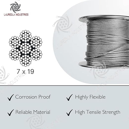 Laureola 1/8" 7x19 Stainless Steel Aircraft Wire Rope 304 Grade (200ft)