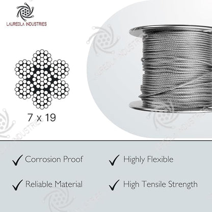 Laureola 1/8" 7x19 Stainless Steel Aircraft Wire Rope 304 Grade (400ft)