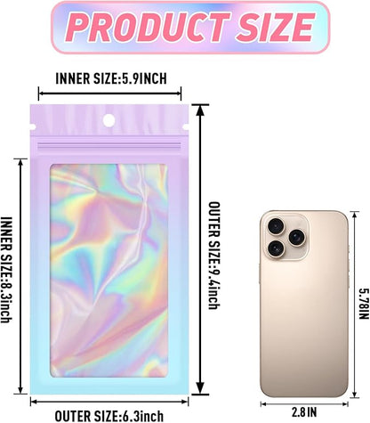 Funfery 100 Pack Gradient Holographic Bags,Mylar Resealable Bags with Zipper,Clear Window Packaging Pouchs,Foil Smell Proof Bag for Food Storage,Sample Jewelry Bag(6.3x9.4In,Purple Blue)