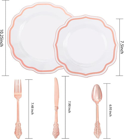 NOCCUR 150PCS Rose Gold Plastic Plates&Rose Gold Silverware-Include 30Dinner Plates, 30Salad plates, 90 Disposable Rose Gold Utensils- Ideal for Weddings, Party,Shower