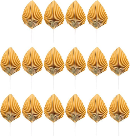16pcs Golden Tree Leaf Folding Fan Cake Toppers - Elegant Boho Cake Decorations for Birthday Party, Wedding, and Anniversary - 4.33 * 1.96 * 0.39inch