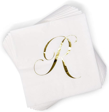 Gift Boutique 100 Gold Monogram Cocktail Napkins Letter R Disposable Paper Pack Elegant Metallic Golden Foil Hand Napkin for Powder Room Wedding Holiday Birthday Party Baby Shower Decorative Towels