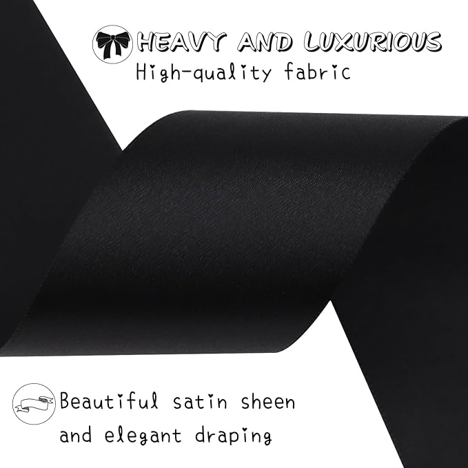 Black Solid Satin Ribbon 2 Inch 25 Yards Solid Polyester Fabric Ribbon for Gift Wrapping Wedding Christmas Baby Shower Birthday Party Decoration Handmade Immortal Flower Craft