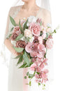 Ling's moment Dusty Rose Bridal Bouquet Cascading, Pink Wedding Bouquets for Bride, 15 Inch Bride Bouquet Orchids Artificial Wedding Flower Bouquet
