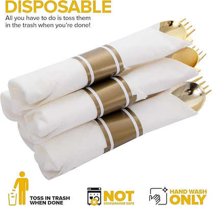 50Guests Pre Rolled Gold Plastic Silverware Sets - Heavy Duty Gold Cutlery - Include 50 Pack Wrapped Disposable Utensils with Napkins for Parties, Dinners & Weddings