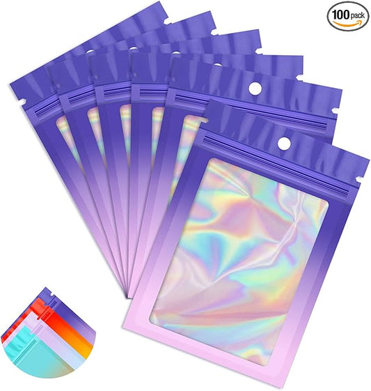 Funfery 100 Pack Mylar Holographic Bags,Clear Window Foil Bags Seal Pouch Resealable Bag with Zipper,Packaging Bag for Food Storage,Jewelry,Business Supplie(3.5×4.7in,Purple Pink)