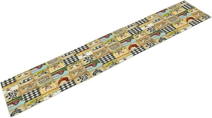 Farmhouse Animals Table Runner,Rustic Cabin Pig Chicken Cow Sunflowers Geometric Grids Burlap for Hotel Indoors Outdoor Dining Room Kitchen Holiday Party, 13x90in