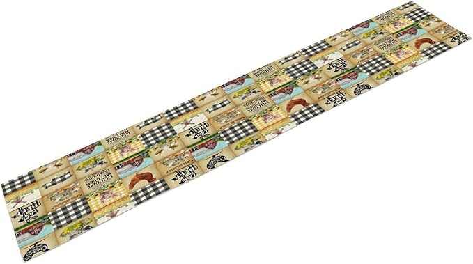 Farmhouse Animals Table Runner,Rustic Cabin Pig Chicken Cow Sunflowers Geometric Grids Burlap for Hotel Indoors Outdoor Dining Room Kitchen Holiday Party, 13x80in
