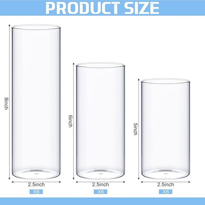 Sawysine 18 Pcs Glass Cylinder Vases 2.5''/2.95''/3.9'' Diameter Clear Flowers Vase Hurricane Floating Candles Holders for Table Centerpieces (2.5 x 5 in,2.5 x 6 in,2.5 x 8 in)