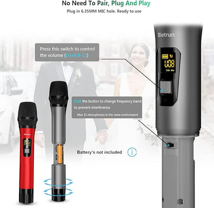 Bietrun Wireless Microphone, Professional UHF Metal Dual Handheld Cordless Dynamic Mic System Set with Rechargeable Receiver, 1/4‘’Output, Plug and Play, Instrument-Wireless-Mics for Karaoke, Wedding