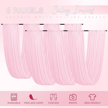 6 Panels Pink Ceiling Drapes for Wedding 5ftx10ft Ceiling Drapes Wedding Arch Draping Fabric Cheesecloth Sheer Curtain Romantic Ceiling Decorations for Weddings Party Banquet Ceremony Stage