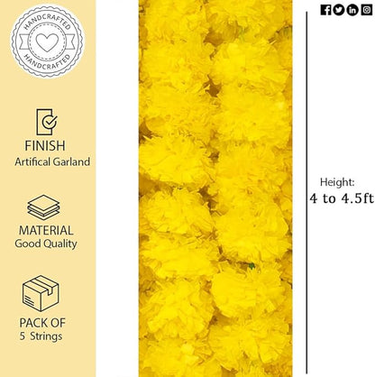 Artificial Marigold Flowers Garland for Diwali Decoration, American Wedding Party, Mantle Decoration, Faux Garlands, Wedding Garland, Spring Bush Floral - 5 String - (Yellow | 4 to 4.5 ft) Hashcart®