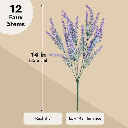 Juvale 12 Bundles Lavender Artificial Flower Stems - 2" D x 3" W x 14" H - Purple - Weather Resistant Artificial Flowers for Outdoors & Wedding Centerpieces & Door Wreaths