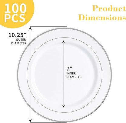 N9R 100PCS Silver Plastic Plates, 10.25 inch White Disposable Dinner Plate with Silver Rim, Heavy Duty Plates for Party, Wedding and Birthday