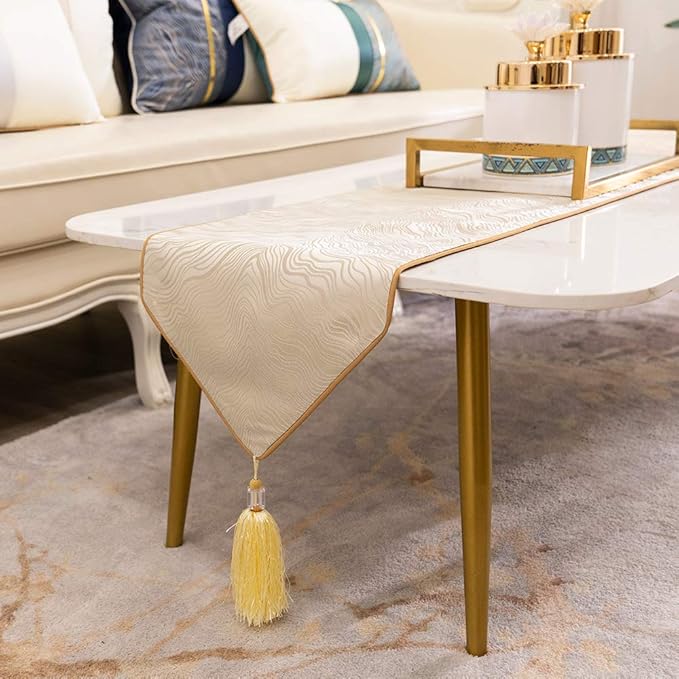 Avigers 12 x 78 Inch Decorative Luxury Abstract Striped Beige Table Runners with Tassels for Home Living Room Bedroom Art Decor Wedding