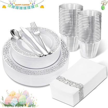 WELLIFE 210pcs Dinnerware Set - Silver Rimmed Plastic Plates Disposable Heavy Duty, Disposable Plastic Plates with Silver Rim, Water-proof, Break-proof, Best Choice for Any Party