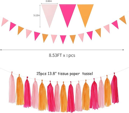 Hot-Pink Burnt-Orange Fall Party Decorations - 23pcs Birthday Baby Shower Tissue Pom Poms Streamers,Sunset Autumn Thanksgiving Tassel Garland Banner,Bridal Wedding Graduation Decor Backdrop Ouruola