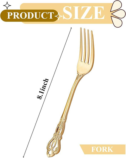 30PCS Gold Plastic Forks - 8.1inch Gold Forks Disposable - Vintage Heavy Duty Dessert Forks - Premium Fancy Plastic Silverware for Parties, Weddings, Dinners and Events