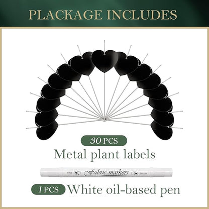 30-Pack Iron Metal Heart Shaped Garden Markers Weatherproof Metal Plant Labels Large Planting Seedling Stake Signs, for Seedlings Herbs Vegetable Greenhouse Gifts with White Marker Pen Labels