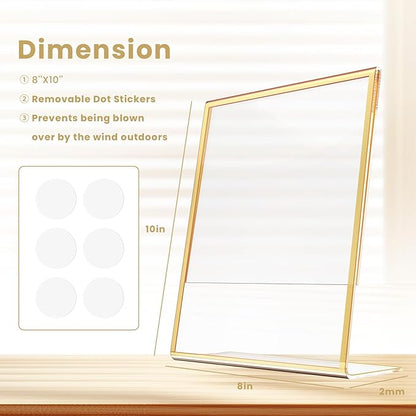 Acrylic Gold Frames 8 x10, Slanted Back Gold Picture Frames Table Acrylic Sign Holder for Photos Wedding Table Numbers and Art Display with Removable Clear Sticky Dots,3 Pack