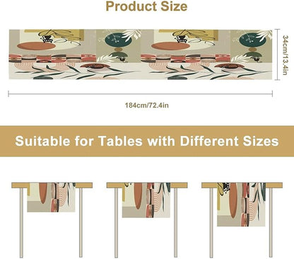 Mid Century Table Runner,Abstract Boho Plant Leaf Botanical Cat Modern Geometric Pattern Print Burlap for Hotel Indoors Outdoor Dining Room Kitchen Home Decor, 13x108in