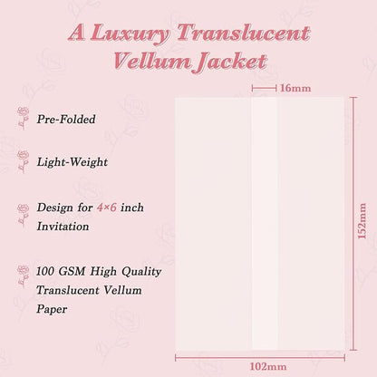 30 Pack Pre-Folded Vellum Jackets for 4x6 Invitations, Translucent Vellum Paper 4x6 Jackets, 100GSM Wedding Invitations Wraps, Envelope Liners for Birthdays, Baby Showers