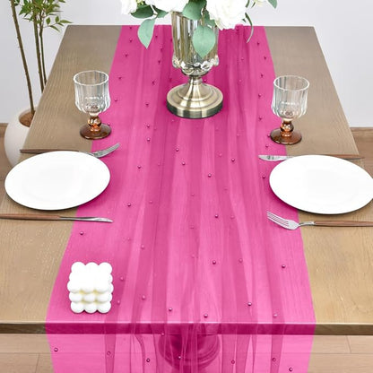 Joanlody Fall Fuschia Pearl Table Runner 10ft Rustic Boho Tulle Table Runner with Pearls for Baby Shower Wedding Party Veil Dessert Thanksgiving Table Decor Hot Pink