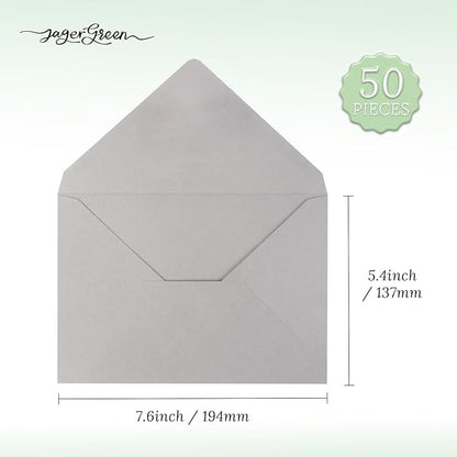 50 Pack 5x7 Envelopes Letter Size, Grey A7 Envelopes Self Seal for Wedding Invitation, Envelope 5.4x7.6 for Greeting Cards, Photos, Baby Shower, Graduation, Thank You Cards, Announcements