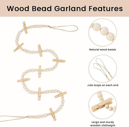Hanging Photo Display Wall Decor, Boho Wooden Bead Garland Collage Picture Frame with 9 Wood Clips for Bedroom, Living Room, Office, Dorm Decor, Photos Holder Christmas Cards Teen Girl Gifts