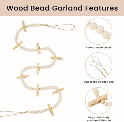 Hanging Photo Display Wall Decor, 2PCS Boho Wooden Bead Garland Collage Picture Frame with 9 Wood Clips for Bedroom, Living Room, Office, Dorm Decor, Photos Holder Teen Girl Gifts