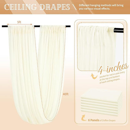 6 Panels Ivory Ceiling Drapes for Wedding 5ftx40ft Sheer Drapery Chiffon Fabric Arch Draping Curtains for Party Ceremony Birthday Baby Shower Reception Stage Ceiling Decorations
