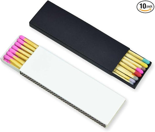 Chandler Studio 10 Boxes - Wooden Matchsticks in a Blank Matchbox with White/Black Matchboxes Colorful Tips (4" Matchboxes, 10 Boxes)