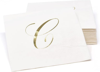 Gift Boutique 100 Gold Monogram Cocktail Napkins Letter C Disposable Paper Pack Elegant Metallic Golden Foil Beverage Napkin for Wedding Holiday Tea Party Bridal & Baby Shower Decorative Napkin