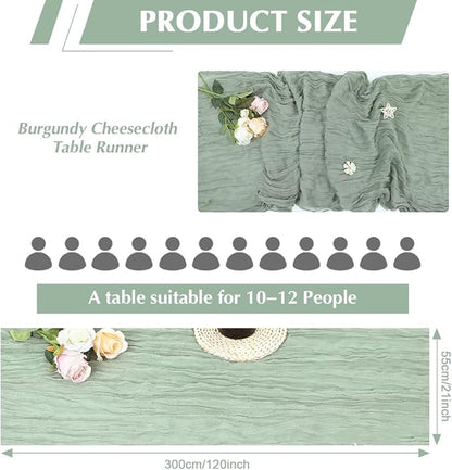 Sage Green Cheesecloth Table Runner -21*120Inch Long Boho Wedding Table Decor, Rustic Gauze Fabric Runner for Bridal Showers, Baby Showers & Parties (Sheer, Lightweight, Wrinkled Design)