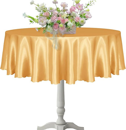 KKJIAF 1 Pack 60 Inch / 5ft Round Table Cloth, Gold Overlay Round Satin Table Cover, Silky Satin Dining Tablecloths for Wedding Buffet Parties Banquet Decoration