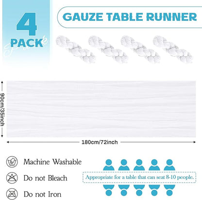 Aktor 4 Pack White Table Runner Boho Cheesecloth Table Runner Semi Sheer Gauze Fabric Runners for Wedding Birthday Baby Shower Party Boho Table Decoration（White）