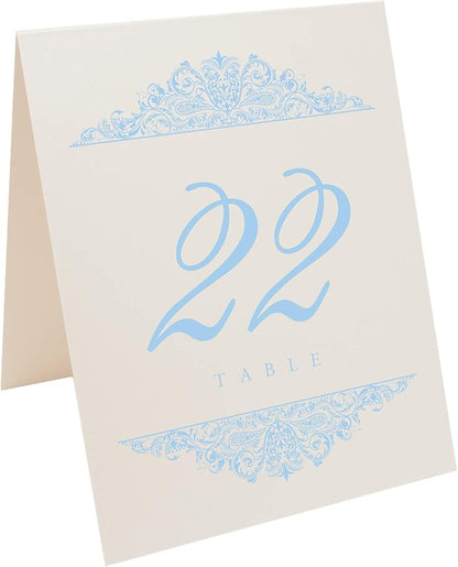 Paisley Wedding Table Numbers (Select Color/Quantity), Champagne, Light Blue, 1-70, Double Sided, Tent or Use in a Stand, Great for Parties & Restaurants - Made in the USA