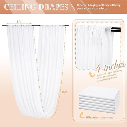 6 Panels White Ceiling Drapes for Wedding 5ftx15ft Sheer Drapery Chiffon Fabric Arch Draping Curtains for Party Ceremony Birthday Baby Shower Reception Stage Ceiling Decorations