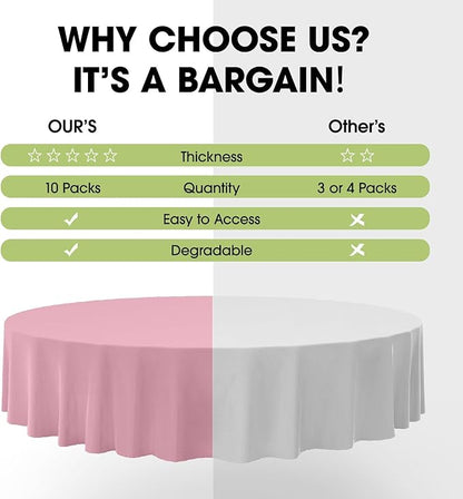 Pureegg Plastic Table Cloth Disposable 10 Pack, 84'' Round Table Cloths, Easter Party, Valentines, Mothers Day Decorations, Tablecloths, Round, Pastel Plastic Cover, Leakproof & Sturdy, Pink