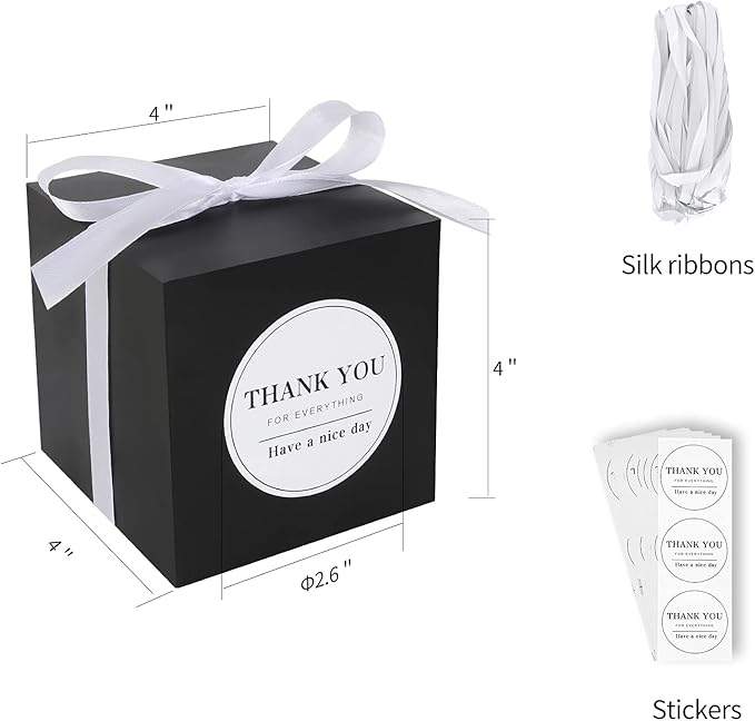 COTOPHER Small Gift Boxes 100 Pack 4x4x4 inches Black Gift Boxes with Lids for Gifts, Crafting, Wedding Party Favor, Cupcake Boxes, Candy, Bridesmaids Proposal Box with Ribbons and Stickers (Black,