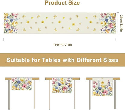 Flower Table Runner, Colorful Watercolor Pink Flower Plants Nature Butterfly Table Runner for Kitchen Dinner Living Room Home Party, 13x70 Inch