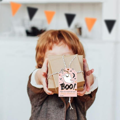 Aukolass 50Pcs Boo Gift Tags, Halloween Treat Tag for Spooky Girl Ghost Party Favor and Gift Wrapping Decoration (Pink Boo)