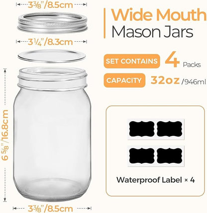 ComSaf Mason Jars 32 oz - 4 Pack, Wide Mouth Mason Jars with Lids, Prep Mear Glass Jars, Canning Jars for Pickling, Suntea, Salad, Honey, Desert, Shower Wedding Favors, DIY Candles Decor