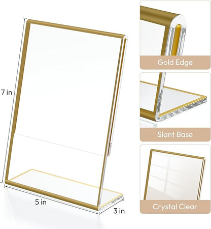 NIUBEE 6 Pack 5 x 7 Acrylic Gold Frame, Slanted Back Table Sign Holder for Wedding Table Numbers, Restaurant Signs, Photos and Art Display Visit the Store