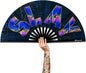 UV Glow Rave Fan, Bamboo Folding Clack Hand Fans Foldable for Men Women, Boots on the Ground Poping Fan for EDM Festival Line Dance Decoration, (Slay, Large 13")