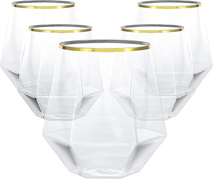 Goodluck 40 PCS Diamond Stemless Plastic Wine Whiskey Glasses, 12 Oz Disposable Cocktail Glasses, Suitable for Weddings, Birthday Parties, Family Gatherings, Bars, etc （Gold rimmed cups）