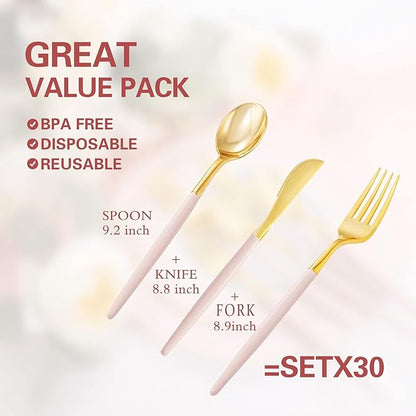 Rubtlamp 90Pcs Gold Plastic Silverware, Gold Plastic Utensils With Pink Handles Include 30 Plastic Gold Knives, 60 Plastic Forks and Spoons, Pink Plastic Silverware Heavy Duty For Party